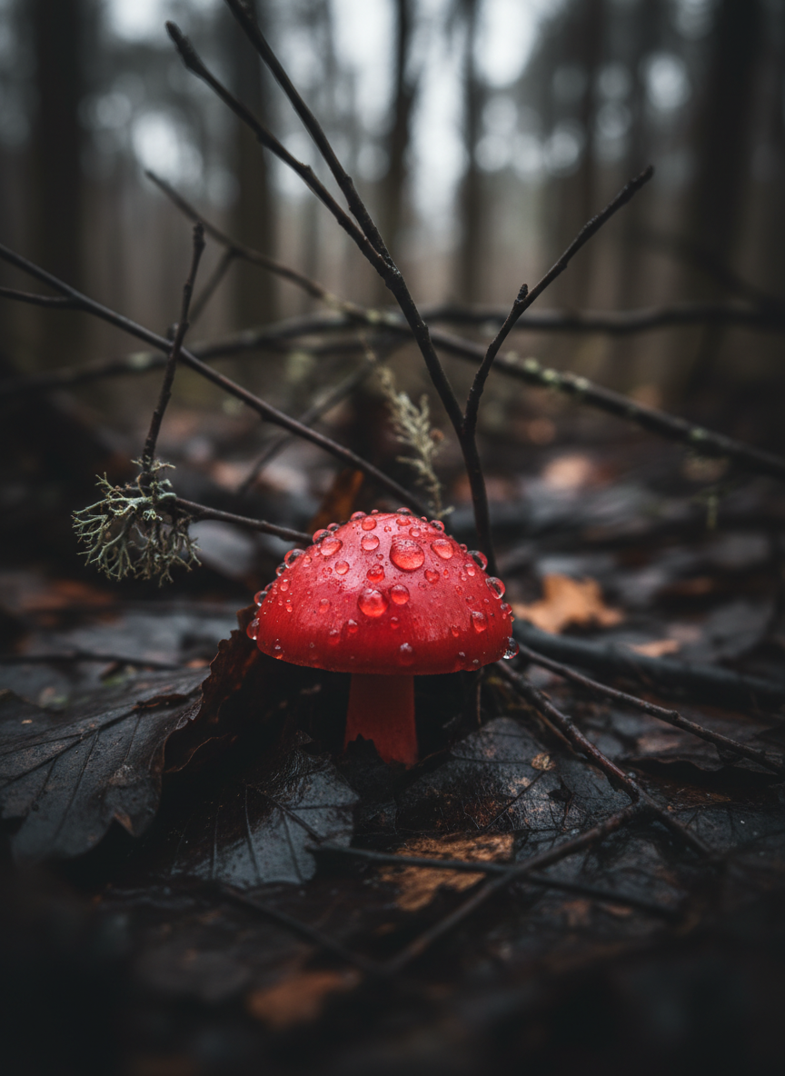 A solitary, blood-red waxcap mushroom rises from a tangle of wet, blackened leaves and thin, skeletal twigs, its glossy cap beaded with rain like tiny glass orbs. Around it, the forest floor fades into velvety darkness, interrupted only by threads of pale lichen and the faint sheen of waterlogged bark. Moody, overcast woodland light filters weakly from above, creating soft, directional illumination that spotlights the mushroom while the surroundings dissolve into rich, cinematic bokeh. Framed low and close with a macro lens, the composition places the waxcap on a lower third, heightening tension and mystery. The atmosphere is moody, almost gothic, emphasizing bold color against a muted, shadowy palette in a highly realistic, cinematic style.