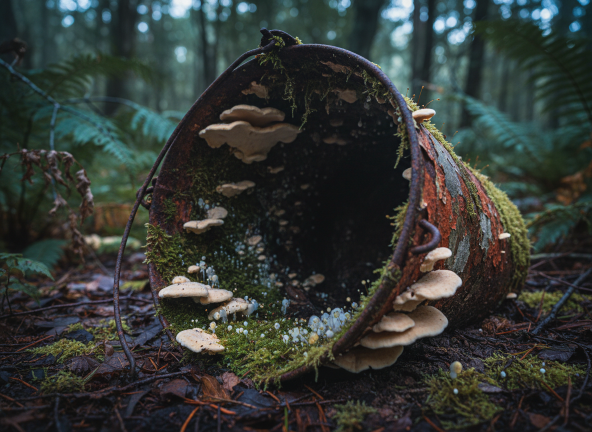 A rusted, abandoned metal pail lies half-buried in forest loam, its interior overtaken by a miniature ecosystem of bracket fungi, velvety green moss, and delicate slime molds glistening like tiny pearls. Flaking orange rust contrasts with creamy fungus shelves that spill over the rim, cascading toward the ground. Soft, overcast daylight filters through dense foliage above, creating diffuse, cool-toned illumination with gentle, cinematic shadows. The composition is framed at a three-quarter angle, lens close enough to make the pail feel monumental, with the background melting into muted greens and browns. The mood is quietly apocalyptic and poetic, emphasizing nature’s slow reclamation of human artifacts in a dark, textural, documentary-realism style that reveals the hidden beauty of decay.