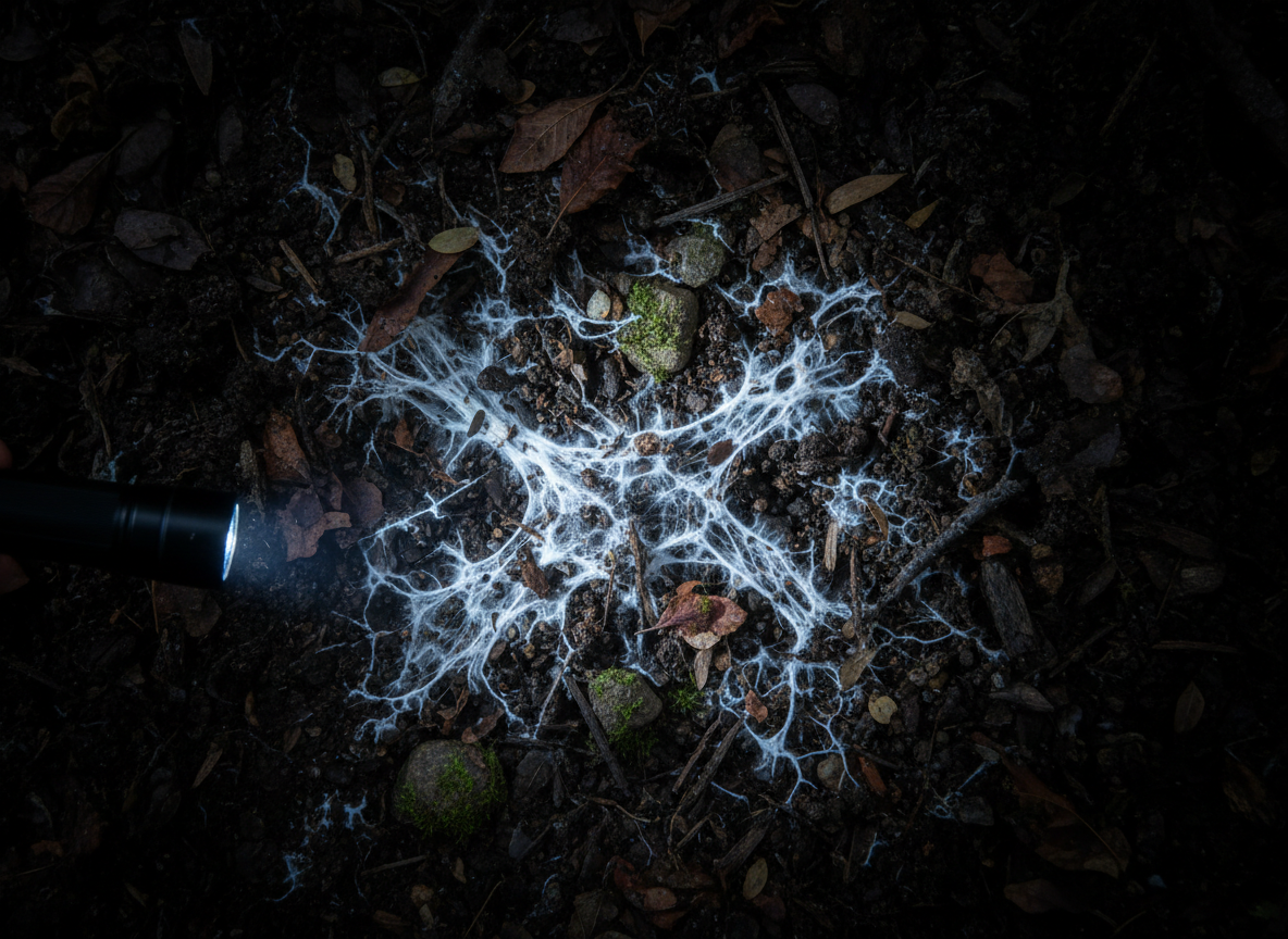 An intricate mycelial network is revealed beneath a torn fragment of forest soil, pale white hyphae threading through dark, crumbly earth like ghostly roots. Tiny shards of bark, decomposing leaves, and fragments of stone create a chaotic but organic texture around the exposed web. A beam of cool, diffused flashlight cuts in from the side, carving out fine detail in the fibrous strands while the rest of the frame falls away into heavy darkness. Shot from a top-down, almost forensic perspective with crisp focus and subtle vignetting, the composition feels like a secret diagram of the forest’s hidden circuitry. The mood is scientific yet eerie, a cinematic exploration of the unseen underworld driving the ecosystem, rendered in stark, photographic realism.