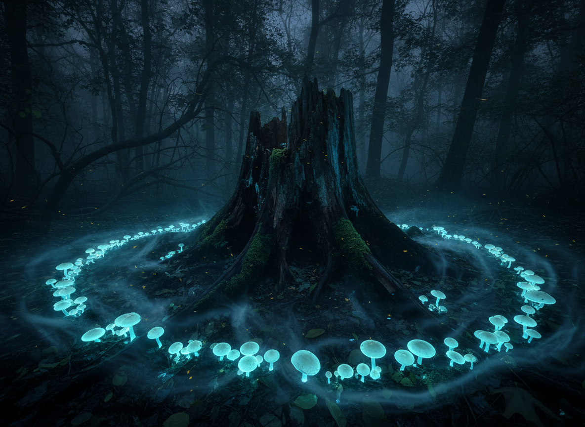 A ring of ghostly, bioluminescent mushrooms encircles a rotting stump in the heart of a dense forest at night, their faint cyan glow seeping into the damp soil and silhouetting jagged roots. The canopy above is a nearly black void, with only the suggestion of branches etched against an overcast sky. Thin mist coils at ground level, catching tiny pinpricks of light from distant firefly-like reflections. Shot from a low, wide-angle perspective, the composition draws the eye around the glowing ring and into the central darkness of the stump. The lighting is almost entirely from the mushrooms themselves, creating deep, enveloping shadows and a surreal, cinematic atmosphere that feels otherworldly yet grounded in realistic texture and detail.