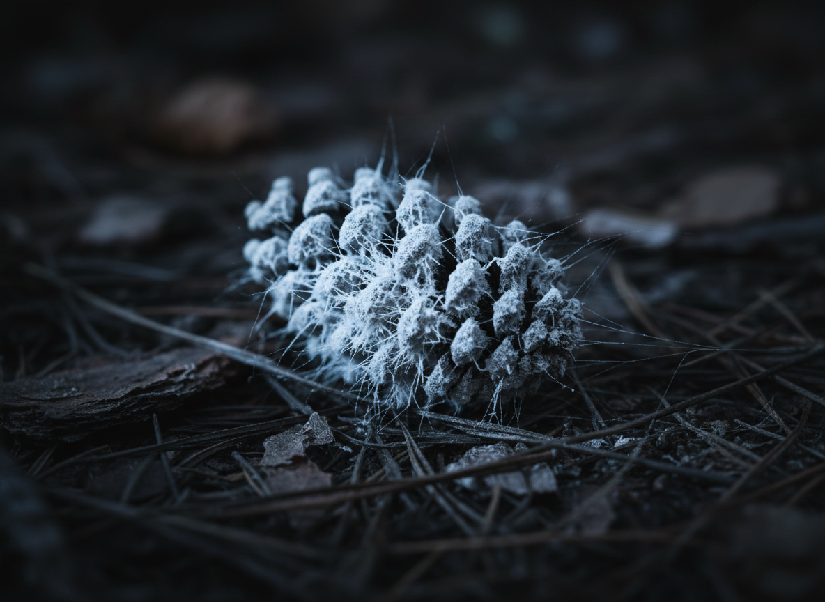 A decaying pine cone, half-consumed by delicate, frost-white mold, rests on a bed of charcoal-black needles and fragmented bark, its scales softened by a feathery bloom of spores. Fine filaments radiate outward, catching a faint, bluish ambient glow as if lit by distant moonlight. The background recedes into soft, velvety shadow with only hints of out-of-focus forest debris. Captured at an oblique, close-up angle with a very shallow depth of field, the cone dominates the foreground while the fungal growth becomes an intricate landscape of its own. The lighting is low-key and cinematic, with subtle highlights grazing the mold’s texture, creating an atmosphere that is both decayed and eerily ethereal, celebrating slow transformation in a dark, nature-documentary style.